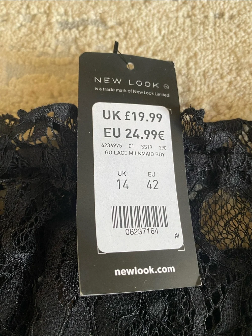 New Look NWT Black Sheer Lace Off-Shoulder Bodysuit Short Sleeve: 10